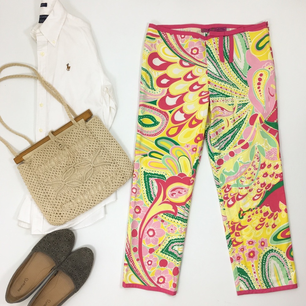 Tibi | Yellow Pink Paisley Crop Pants - Picture 1 of 7